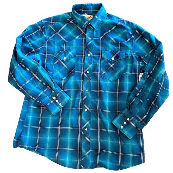 Vintage Wrangler Western Pearl Snap Turquoise Plaid Mens Large - Picture 1 of 5